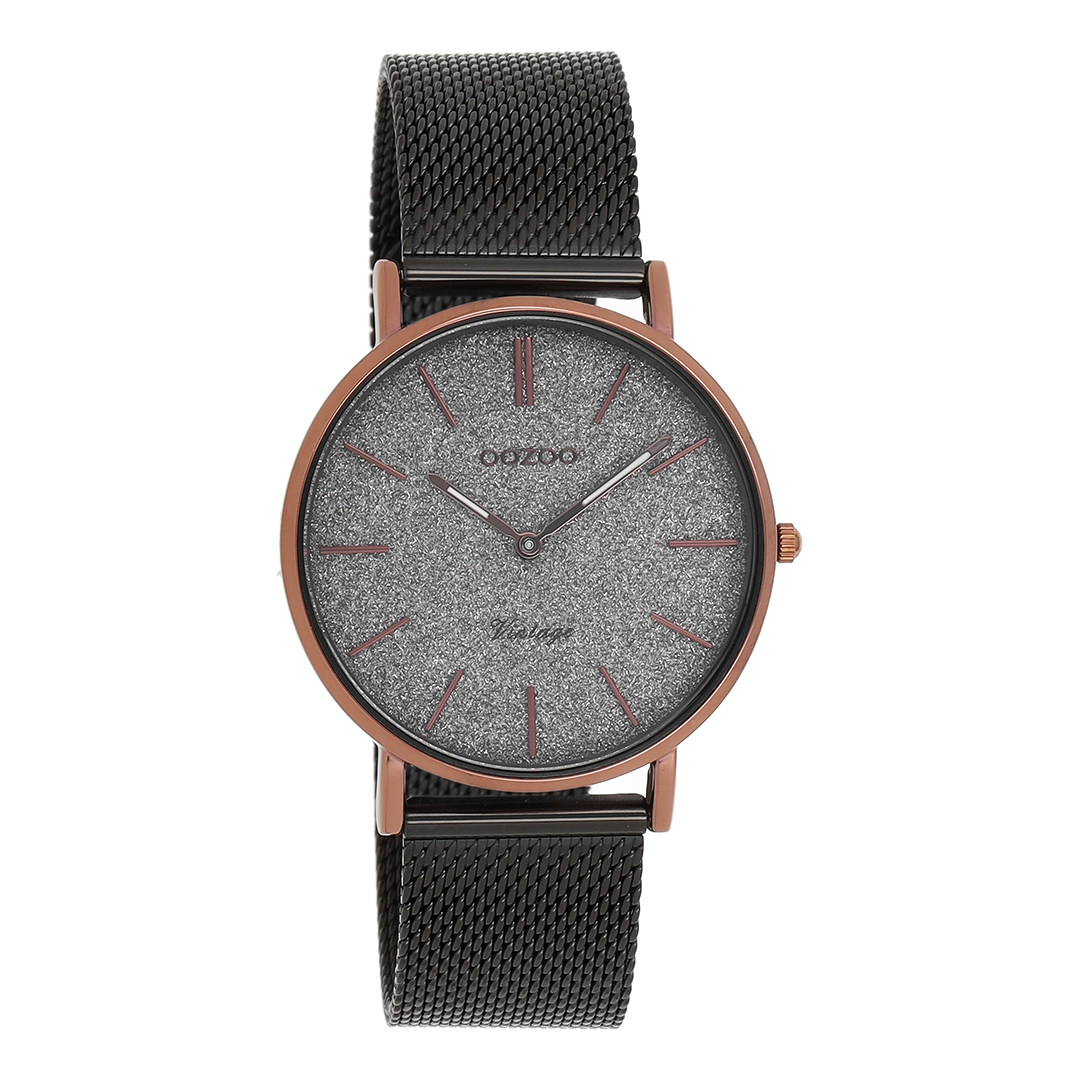 Brown OOZOO watch with elephant grey metal mesh bracelet - C8862
