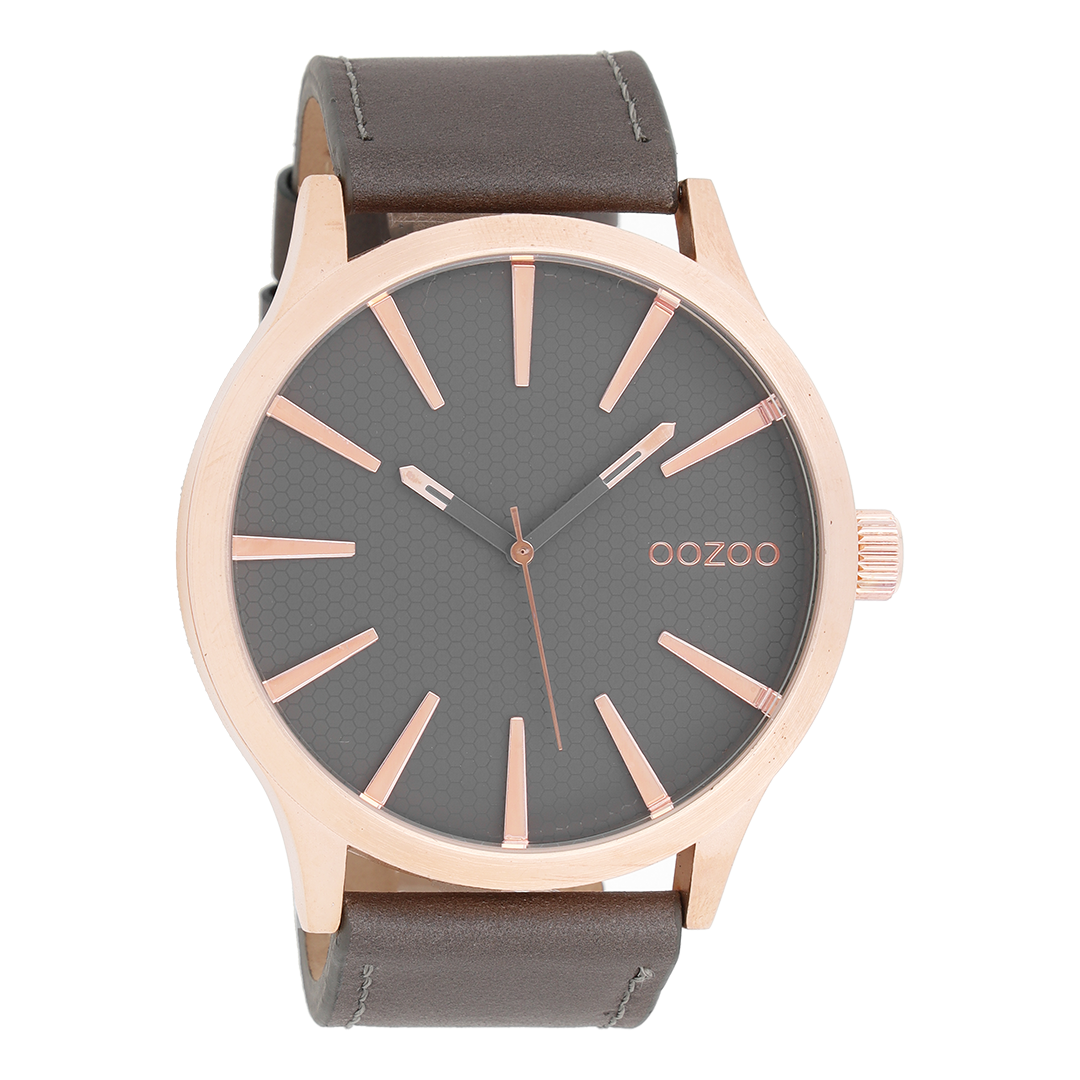 OOZOO Montre en couleur or rose avec bracelet en cuir en gris éléphant - C9042