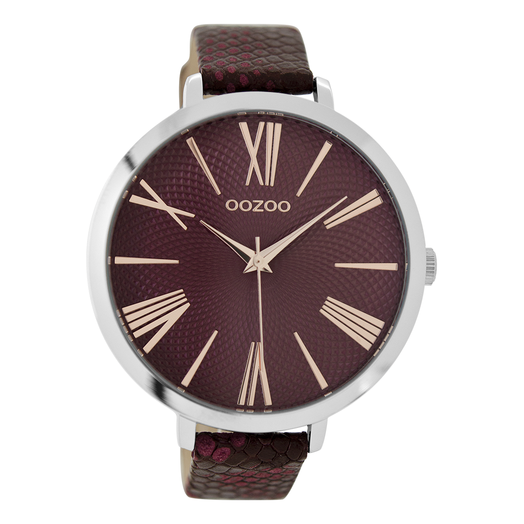 Silver coloured OOZOO watch with burgundy leather strap - C9171