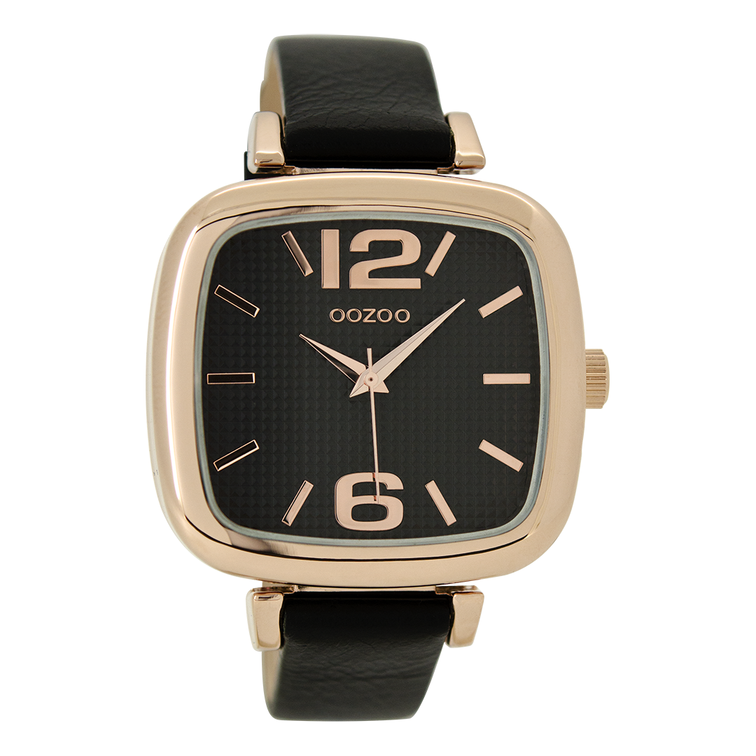 OOZOO Montre en couleur or rose avec bracelet en cuir en noir - C9184