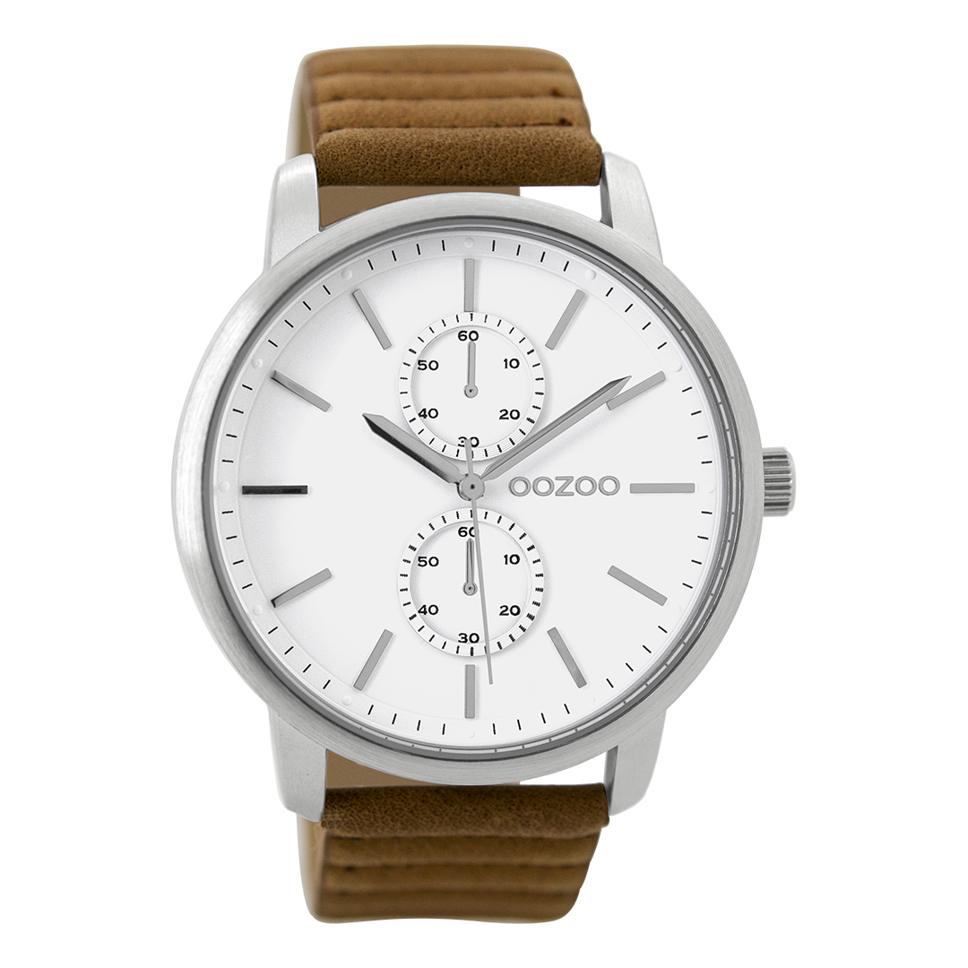 Silver coloured OOZOO watch with brown leather strap - C9451