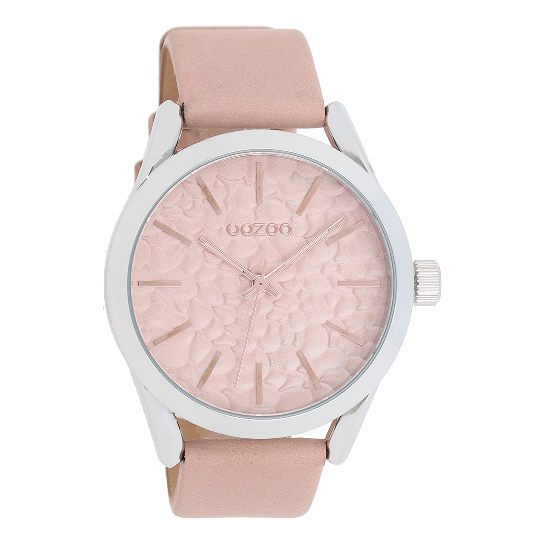 Silver coloured OOZOO watch with pink grey leather strap - C9472