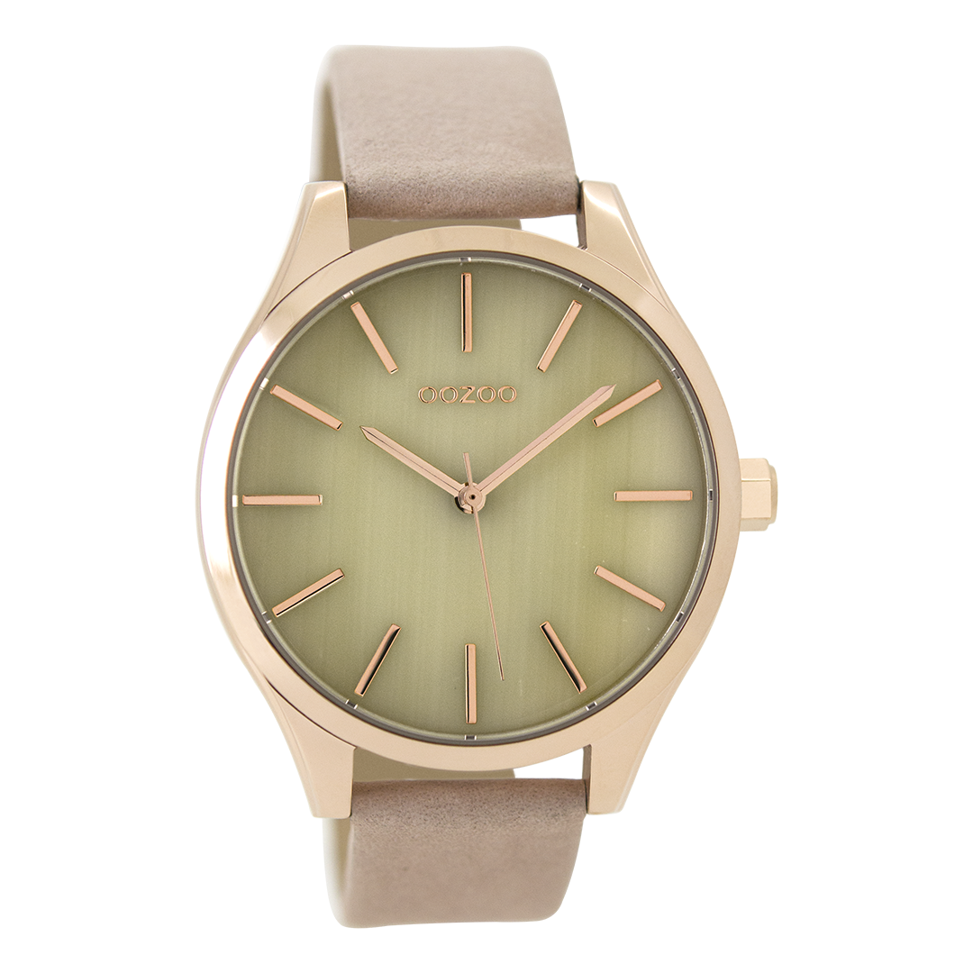 Silver coloured OOZOO watch with pink grey leather strap - C9502