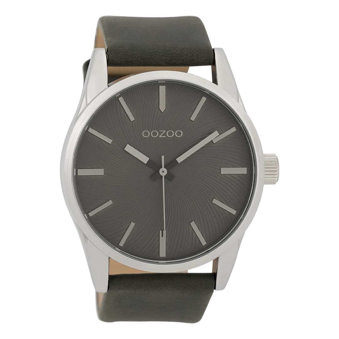 Silver coloured OOZOO watch with dark grey leather strap - C9628