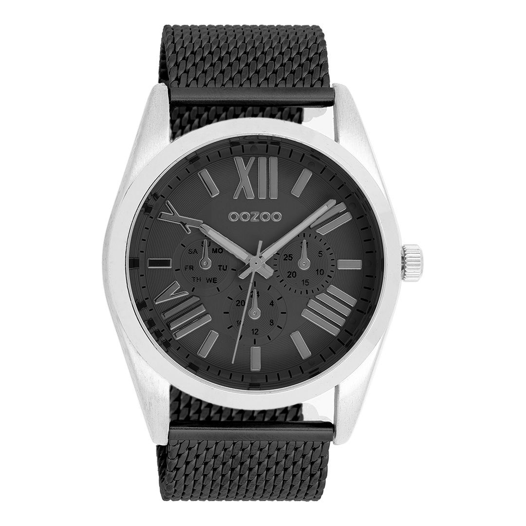 OOZOO Montre en couleur argent avec bracelet en mesh en noir - C9644