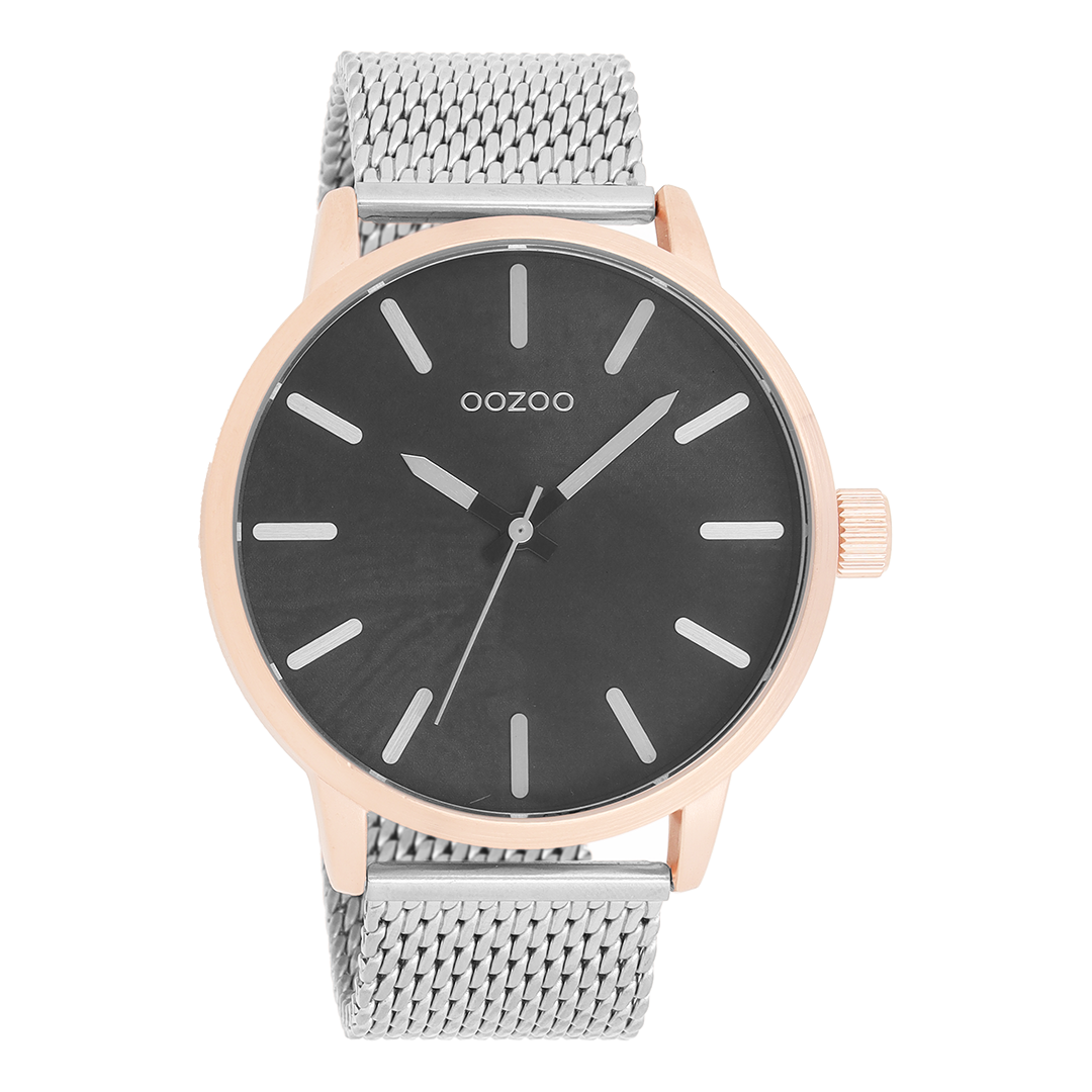 Rosé goudkleurige OOZOO horloge met zilverkleurige metalen mesh armband - C9657