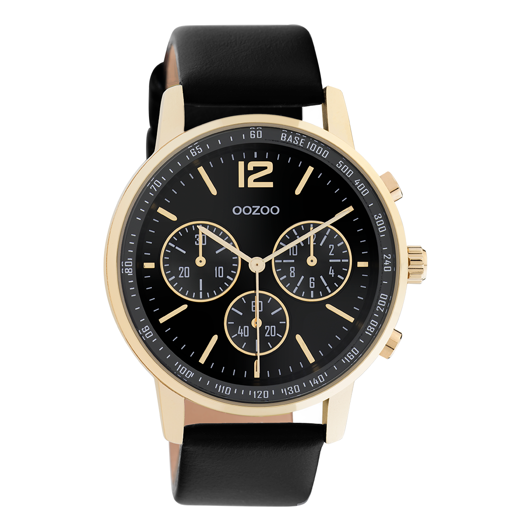 Goudkleurige OOZOO horloge met zwarte leren band - C10841