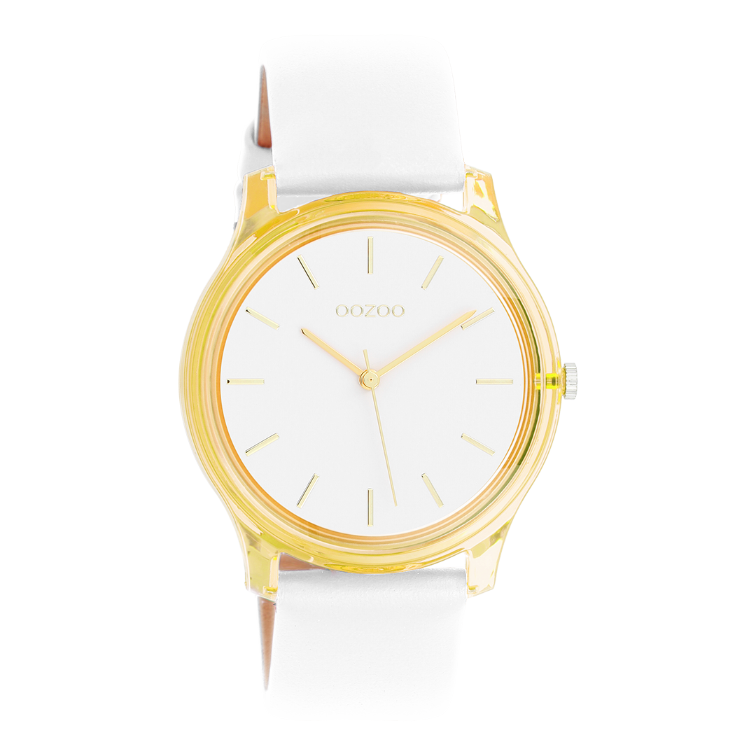Gold coloured OOZOO watch with white leather strap - C11136