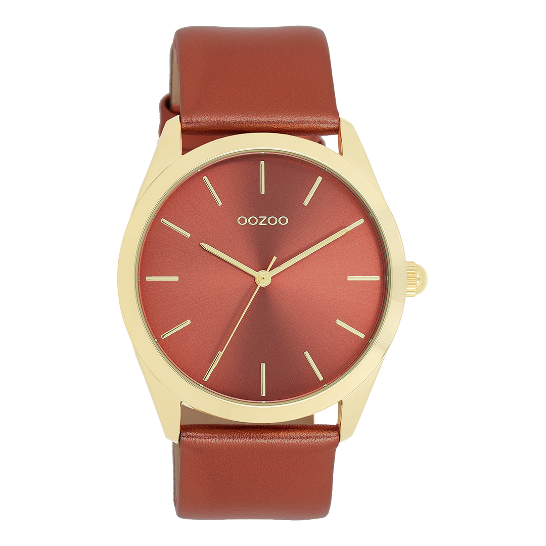 Gold coloured OOZOO watch with red leather strap - C11335