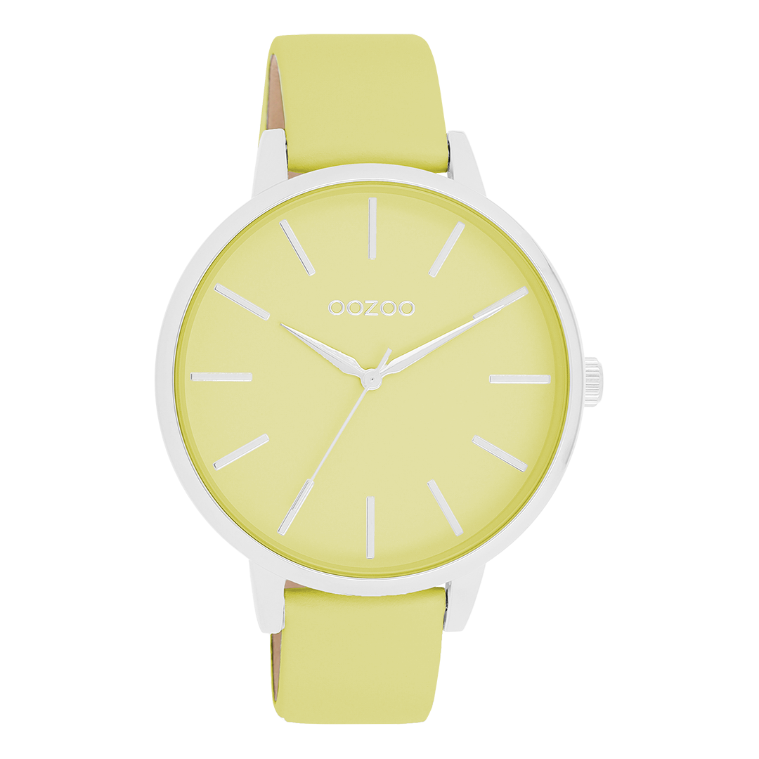 Silver coloured OOZOO watch with lime green leather strap - C11360