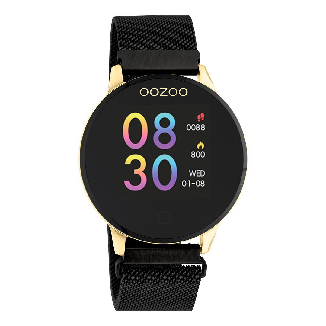Gold coloured OOZOO smartwatch with black metal mesh bracelet - Q00122