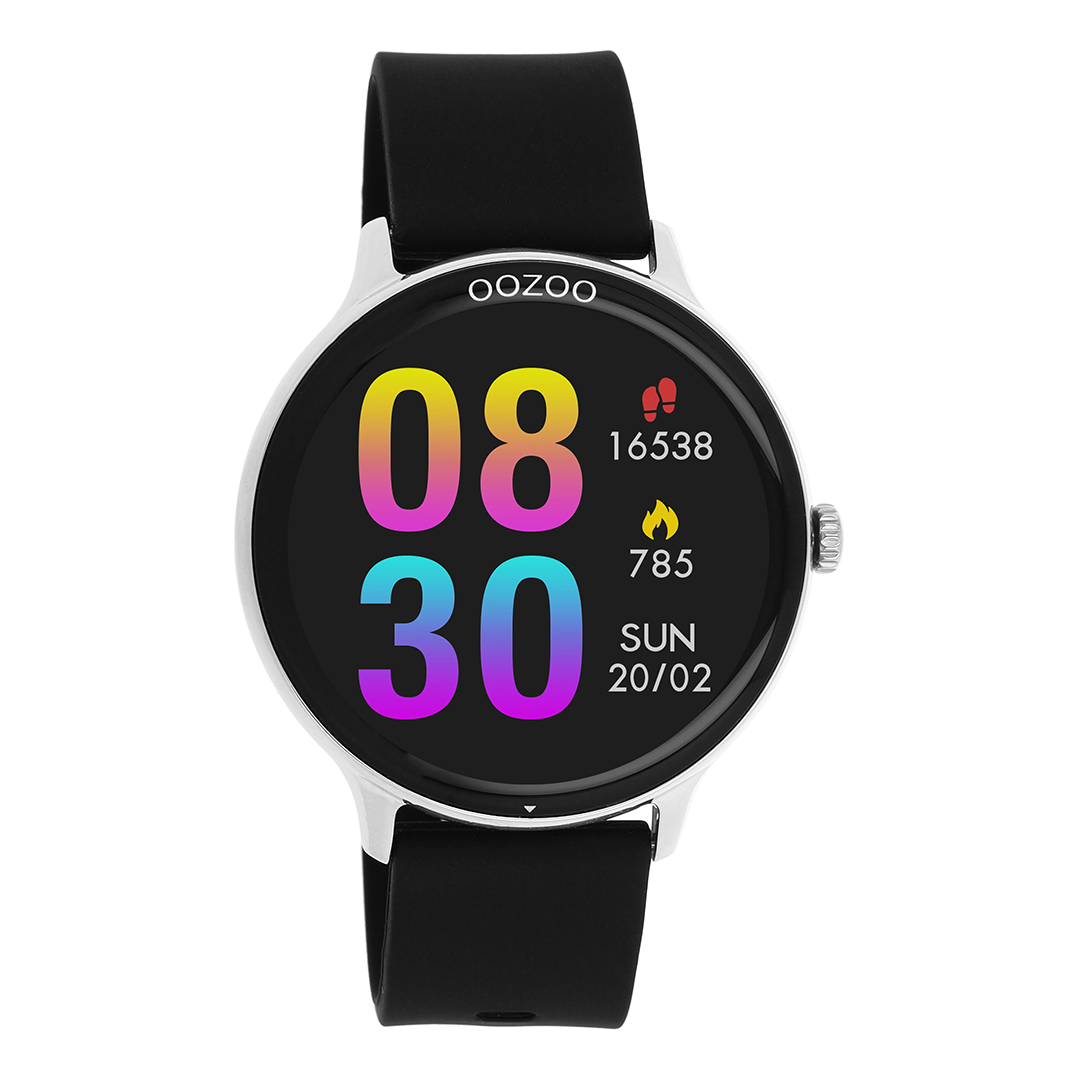 Silver coloured OOZOO smartwatch with black rubber strap - Q00130
