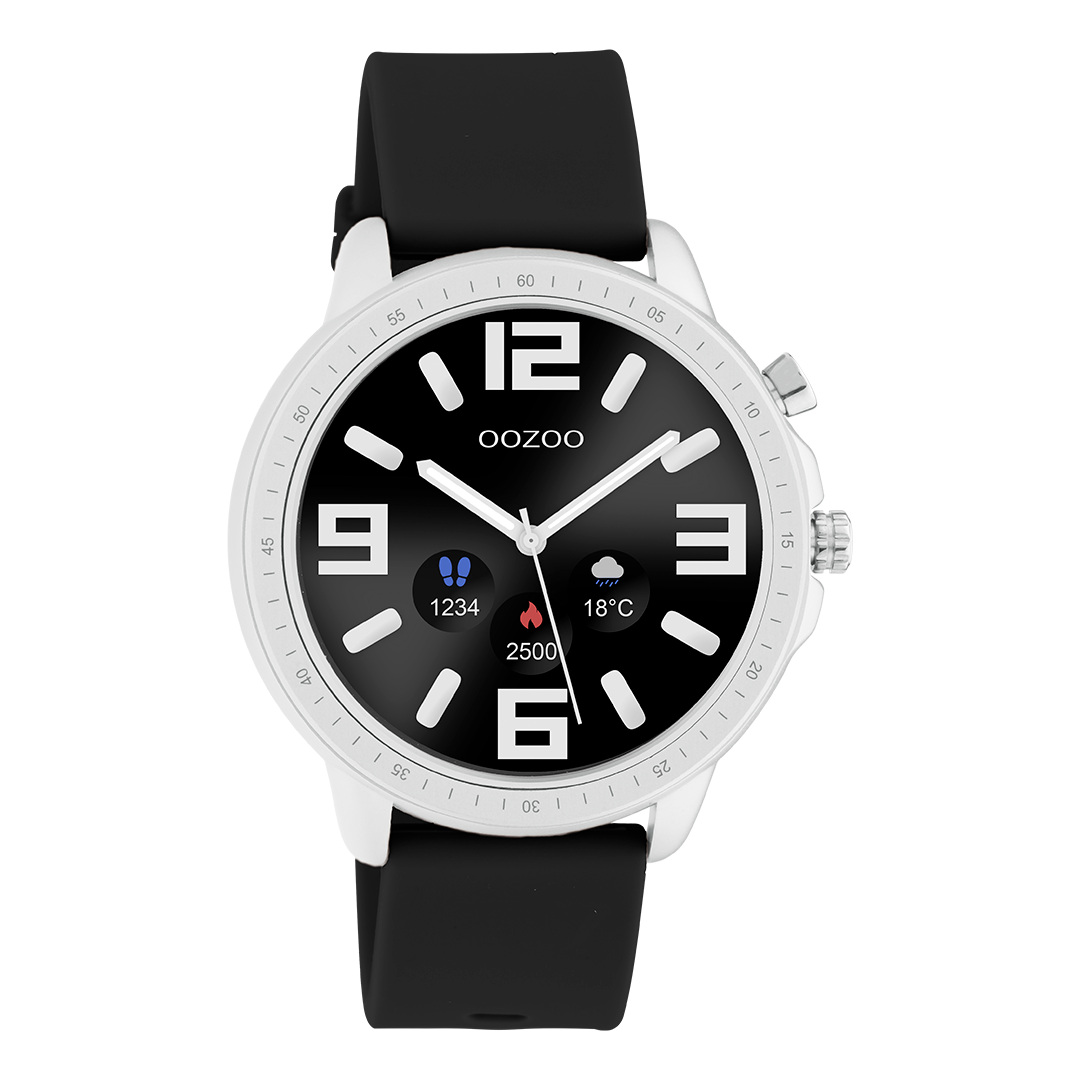 Silver coloured OOZOO smartwatch with black rubber strap - Q00300