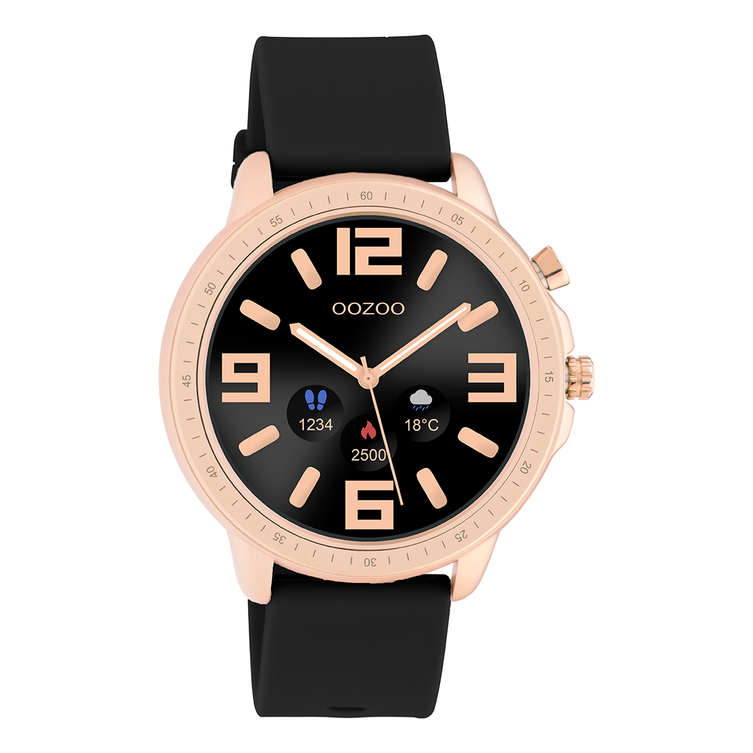Rose gold coloured OOZOO smartwatch with black rubber strap - Q00303