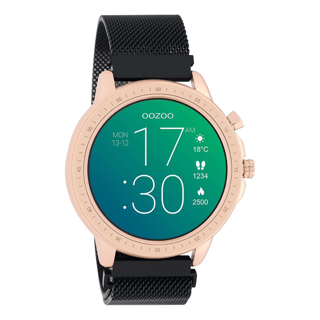 Rose gold coloured OOZOO smartwatch with black metal mesh bracelet - Q00308
