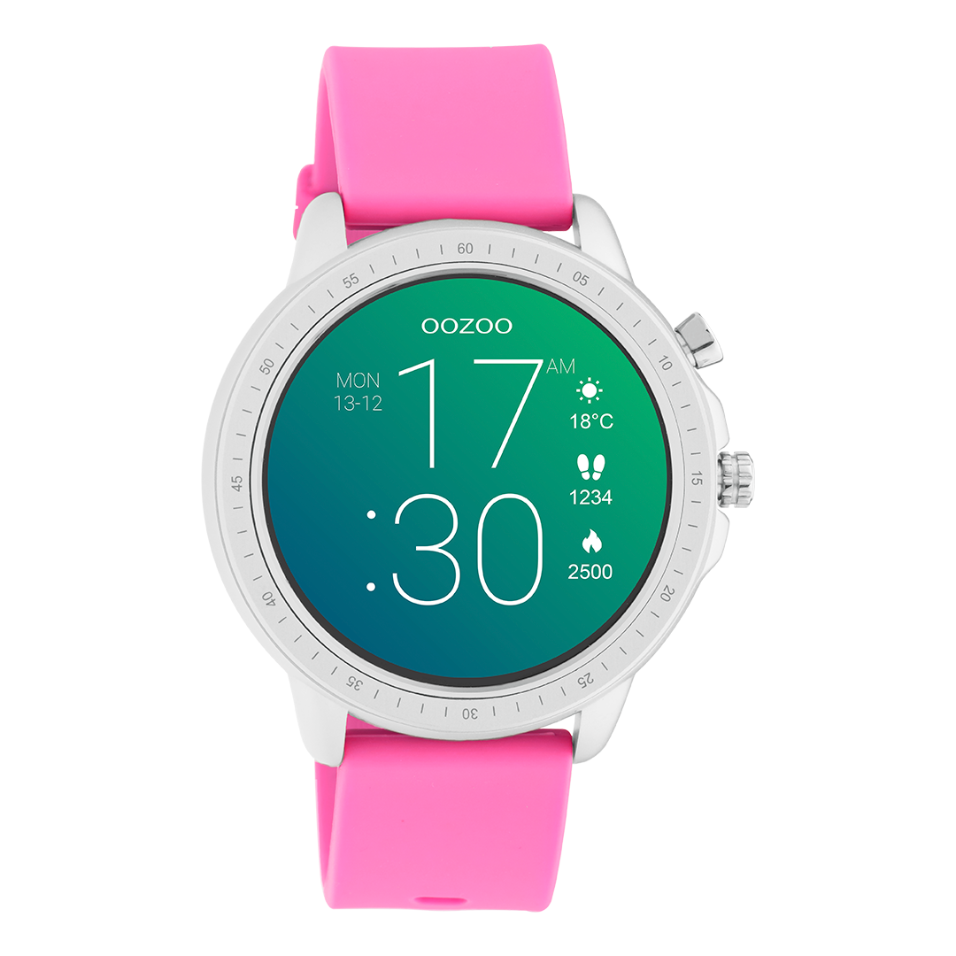 Silver coloured OOZOO smartwatch with raspberry pink rubber strap - Q00314