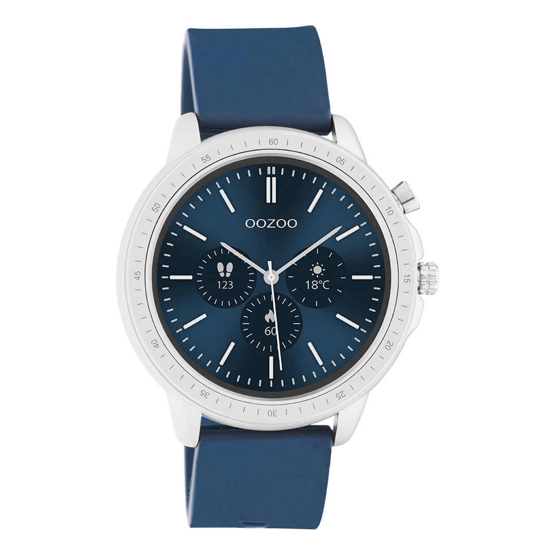 Silver coloured OOZOO smartwatch with dark blue rubber strap - Q00315